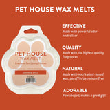 Pet house wax melts packaging with product details on an orange background