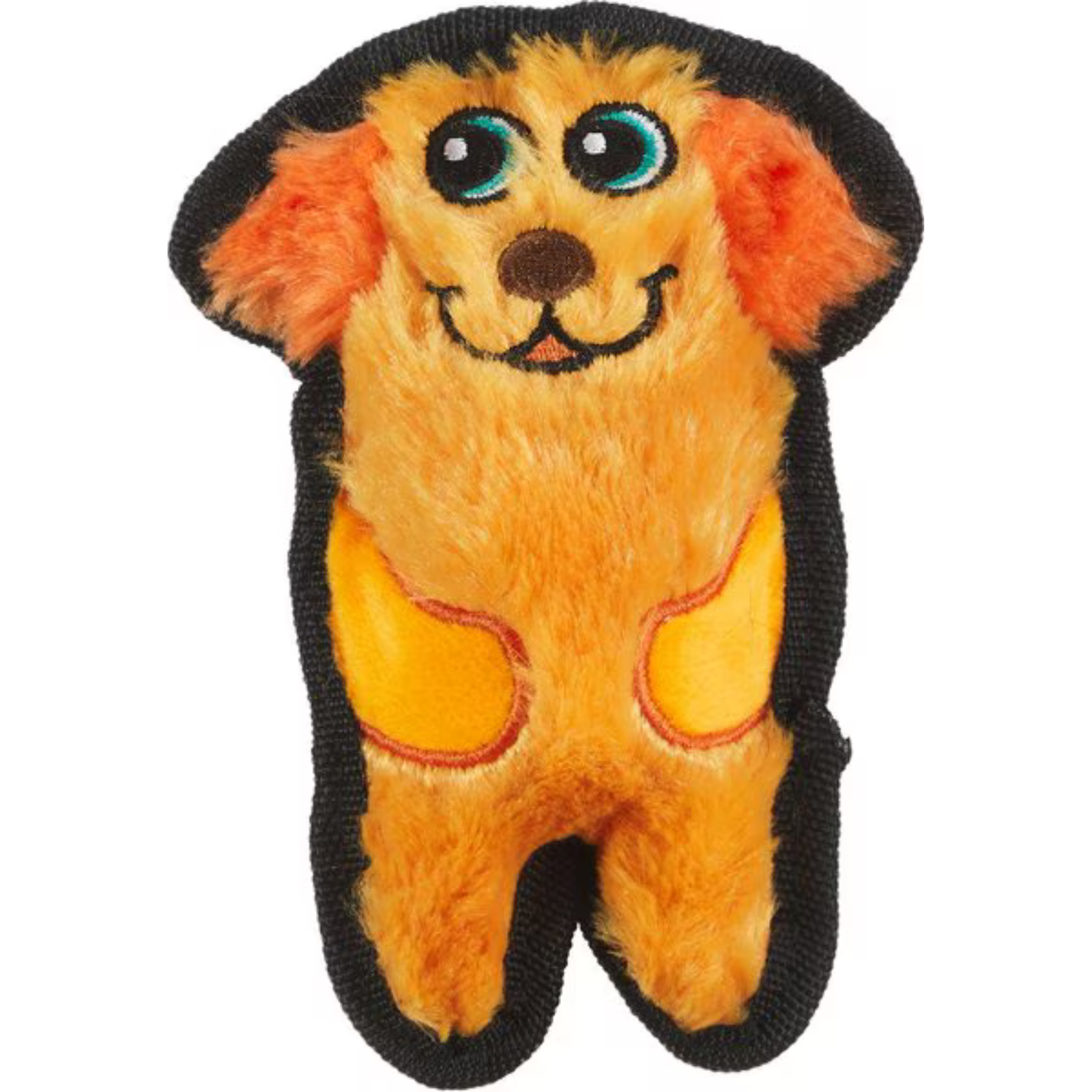 Plush dog toy shaped like a lion with black accents on a white background
