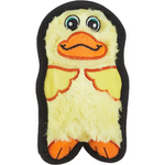 Plush duck toy with a black strap on a white background