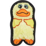 Plush duck toy with a black strap on a white background