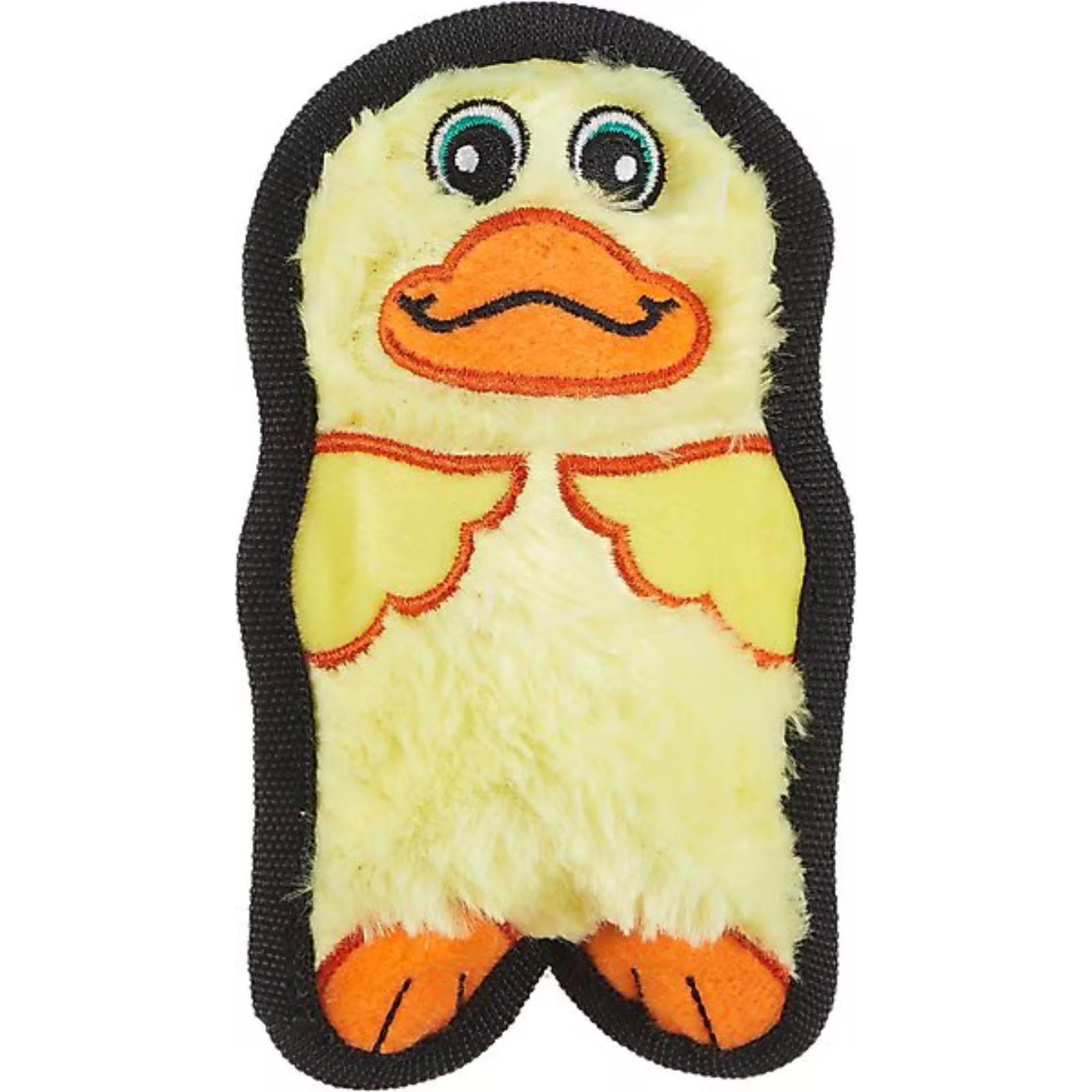 Plush duck toy with a black strap on a white background