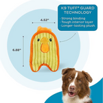 Dog toy with K9 TUFF GUARD TECHNOLOGY label and measurements, featuring a dog on a blue background.