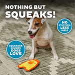Dog playing with a squeaky toy on a textured surface, with text highlighting the product's features.