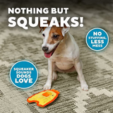 Dog playing with a squeaky toy on a textured surface, with text highlighting the product's features.