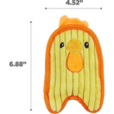 Yellow duck-shaped bath mitt with orange accents and measurements on a white background