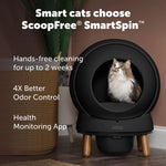 Cat sitting inside a black ScoopFree SmartSpin litter box with promotional text on a home setting.