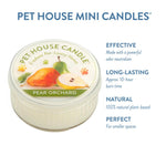 Pet House Candle in Pear Orchard flavor with product details on a white background
