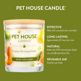 Pet House Candle in Pear Orchard scent with product features on a green background