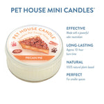 Pet House Mini Candle in Pecan Pie flavor with product details on a white background