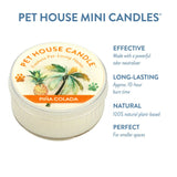 Pet House Candle Pina Colada scented candle with product details on a white background