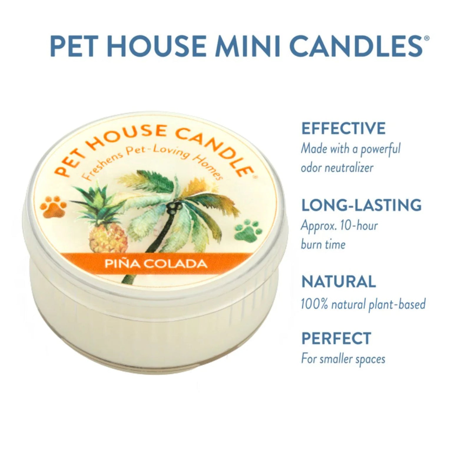 Pet House Candle Pina Colada scented candle with product details on a white background