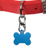 Red dog collar with a blue bone-shaped tag on a white background