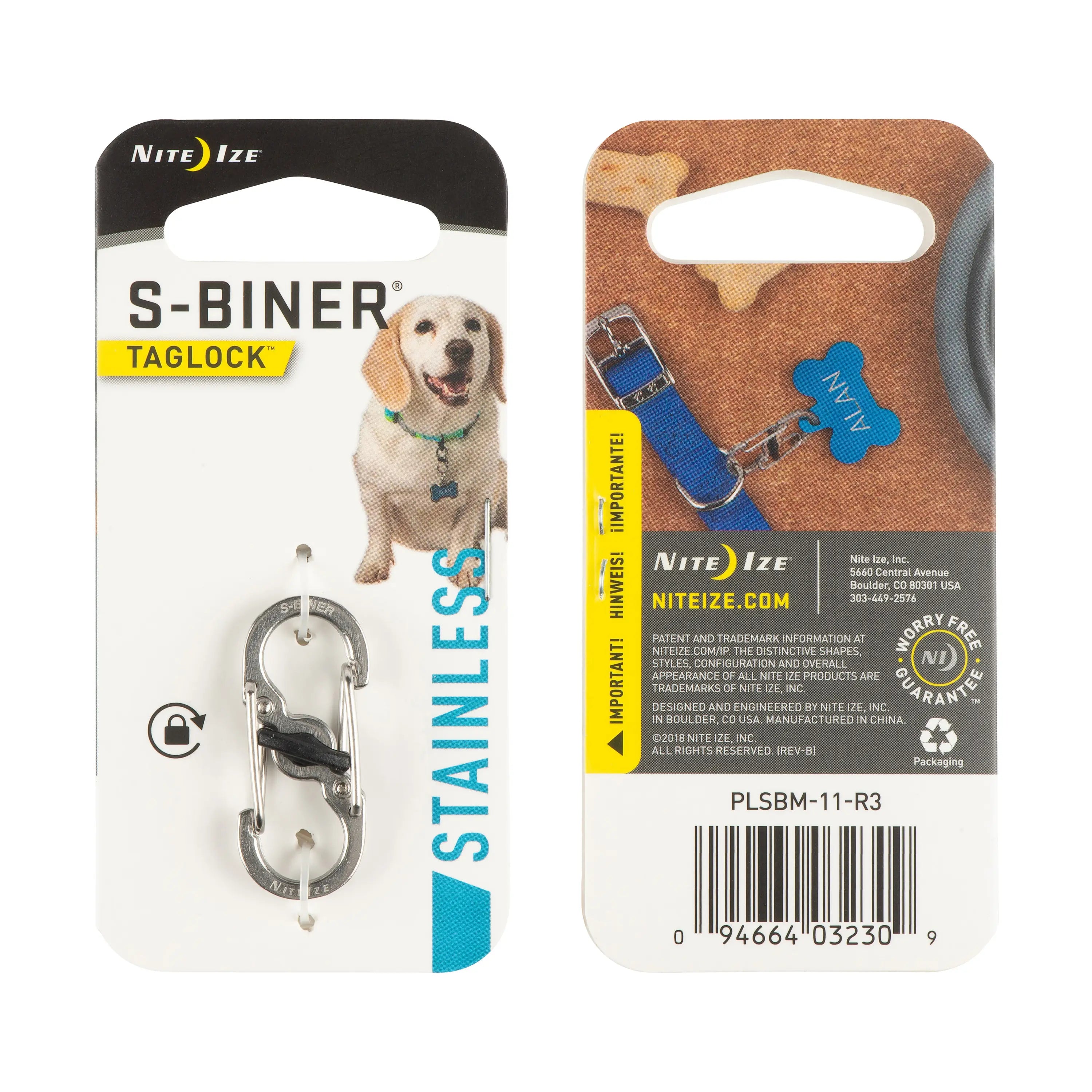 Nite Ize S-Biner Taglock packaging with a dog illustration on a white background
