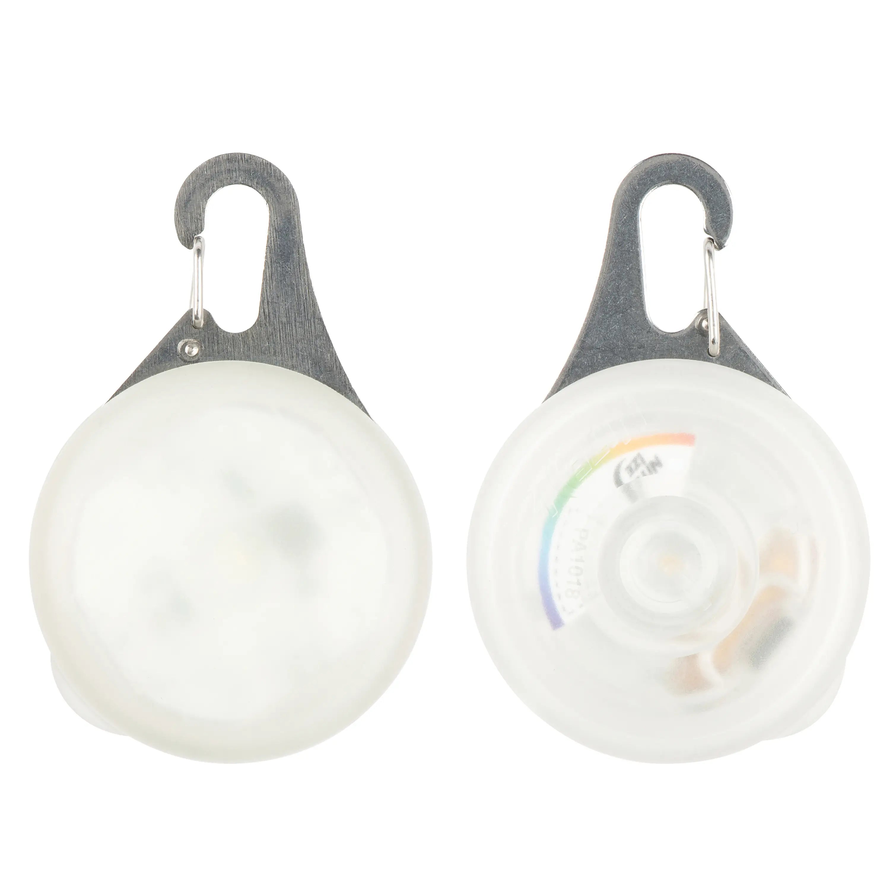 Two round white lights with carabiners on a white background