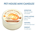 Pet House Mini Candle in Pumpkin Spice flavor with product details on a white background