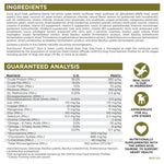 Dog food ingredient label with guaranteed analysis details.