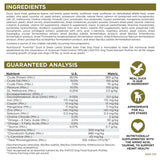Dog food ingredient label with guaranteed analysis details.