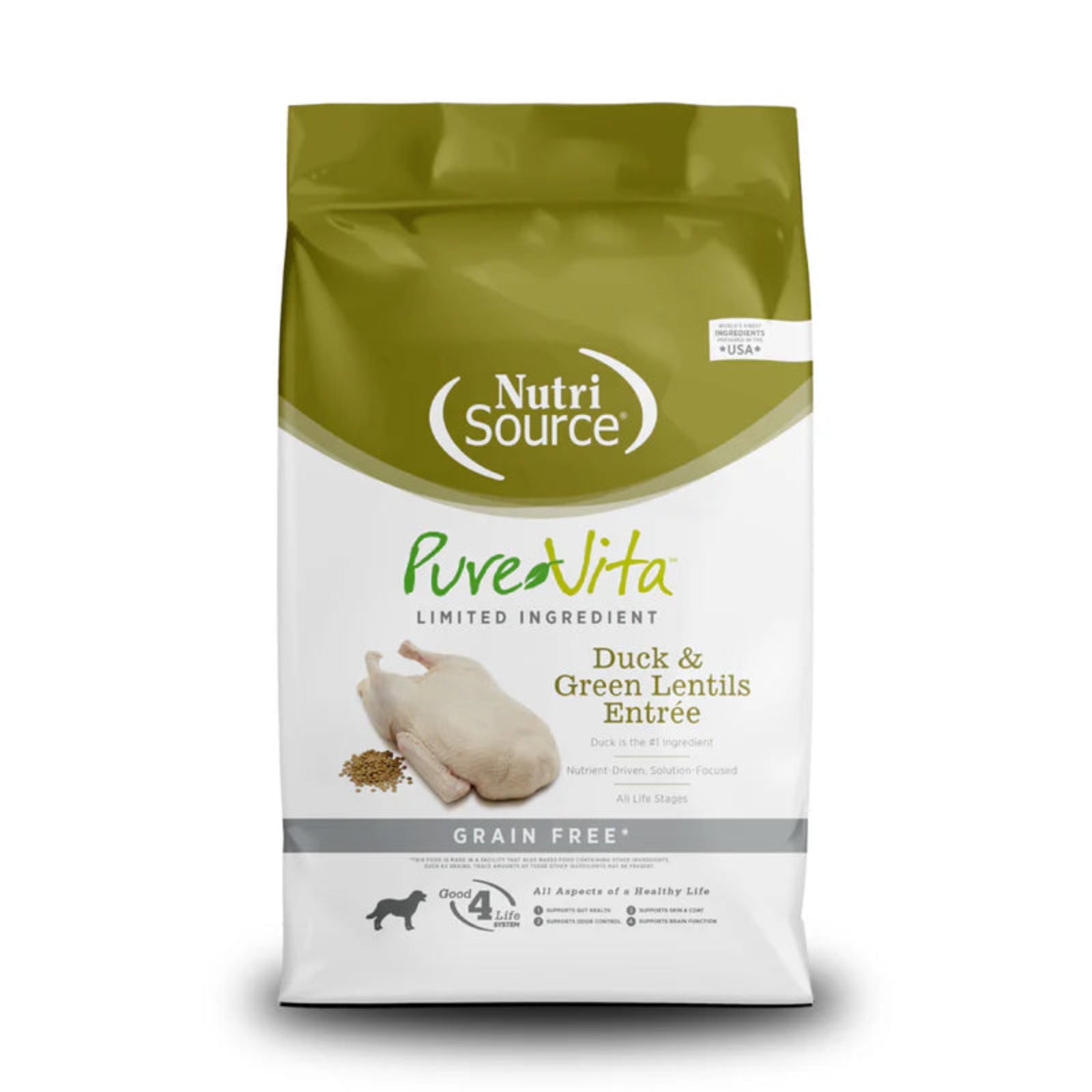 NutriSource PureVita dog food package with duck and green lentils entrée on a white background