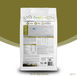 Dog food package with nutritional information on a green background