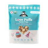 Package of Love Puffs Party Time dog treats with a blue and white design.