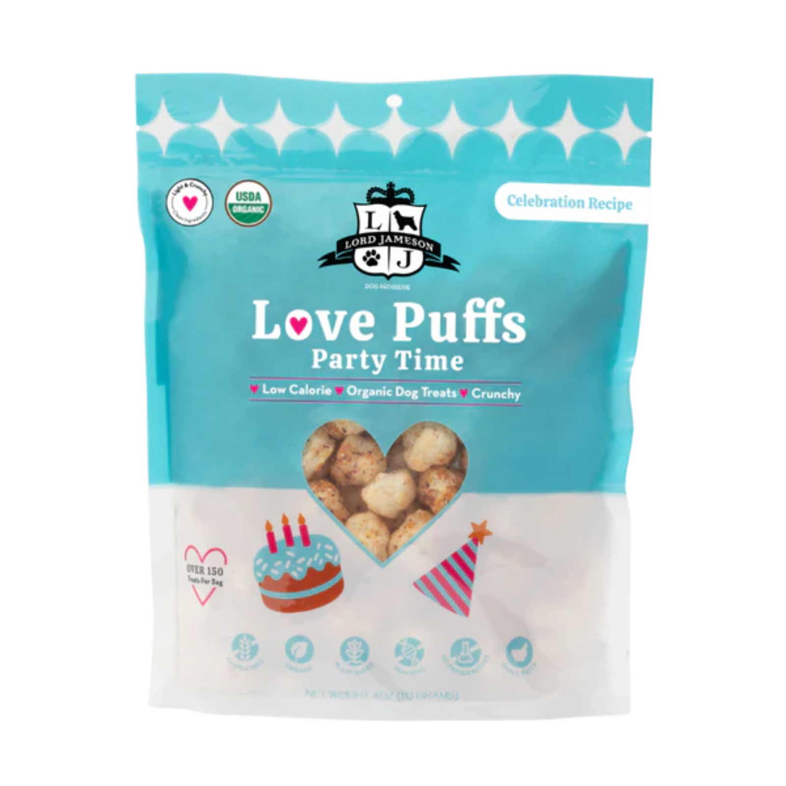 Package of Love Puffs Party Time dog treats with a blue and white design.