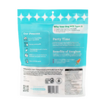 Back of a blue pet food package with text and graphics on a white background