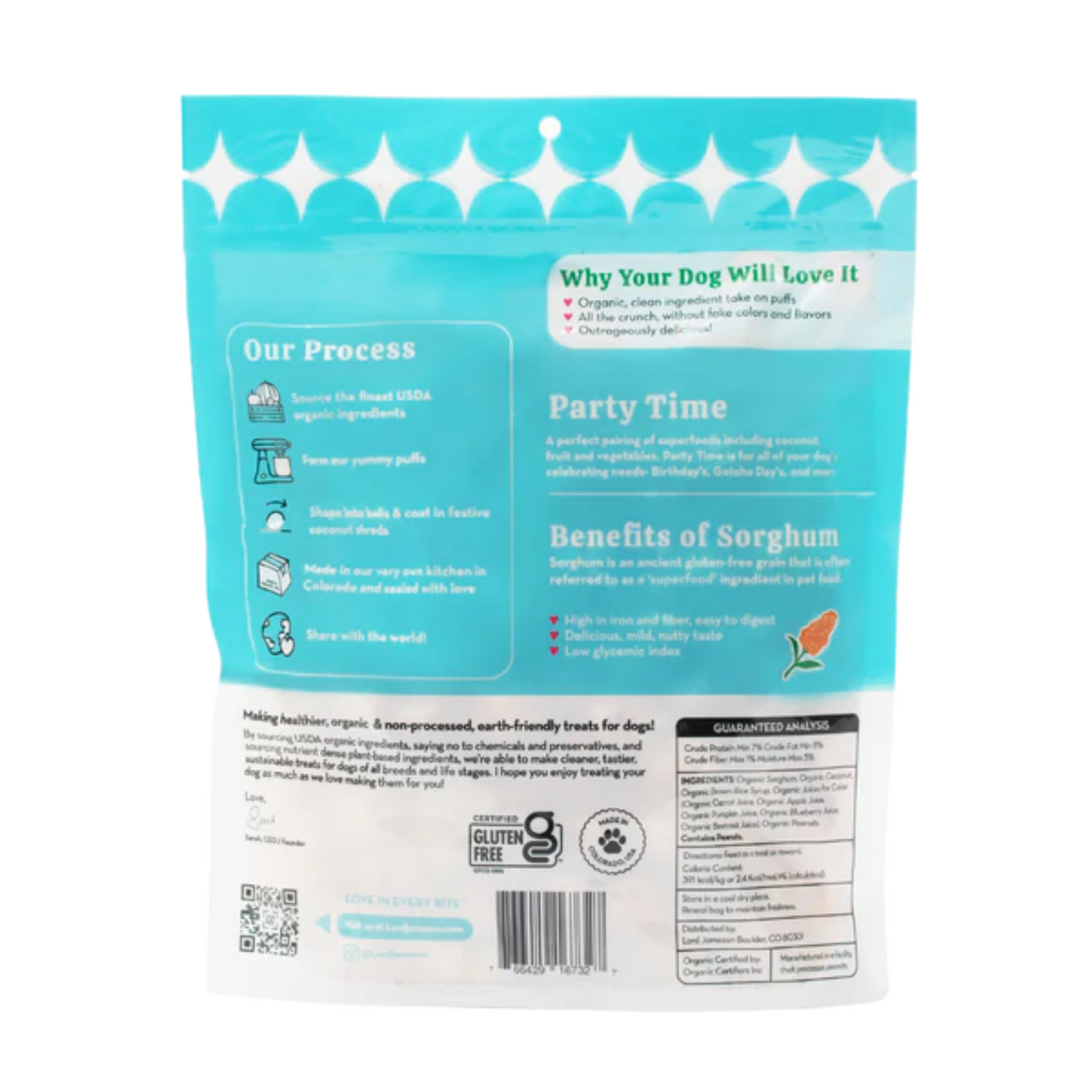 Back of a blue pet food package with text and graphics on a white background