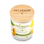 Pet House Candle in Pear Orchard scent with wooden lid on a white background
