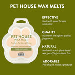 Pet House Wax Melts packaging with product details on a green background
