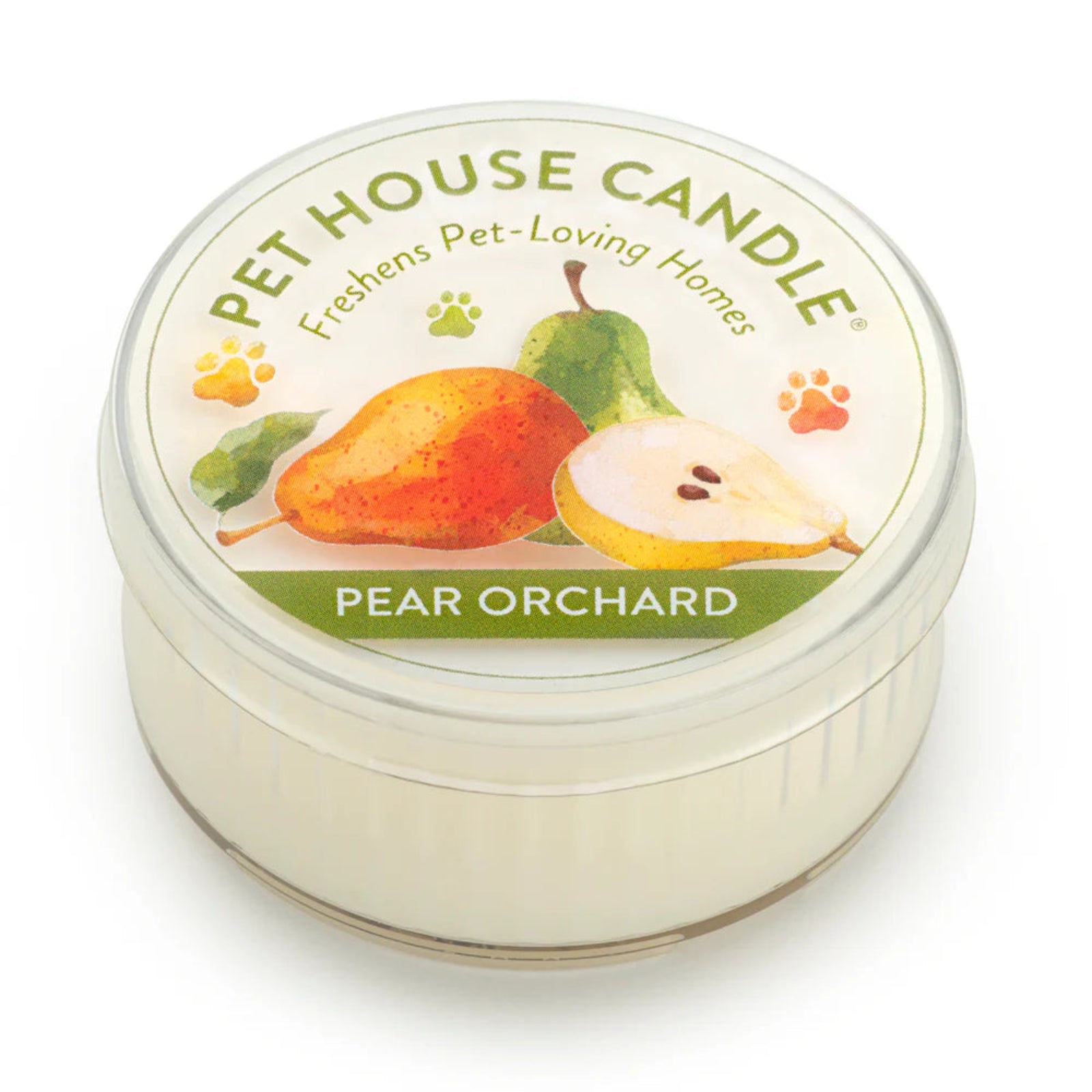 Pet House Candle labeled 'Pear Orchard' on a white background