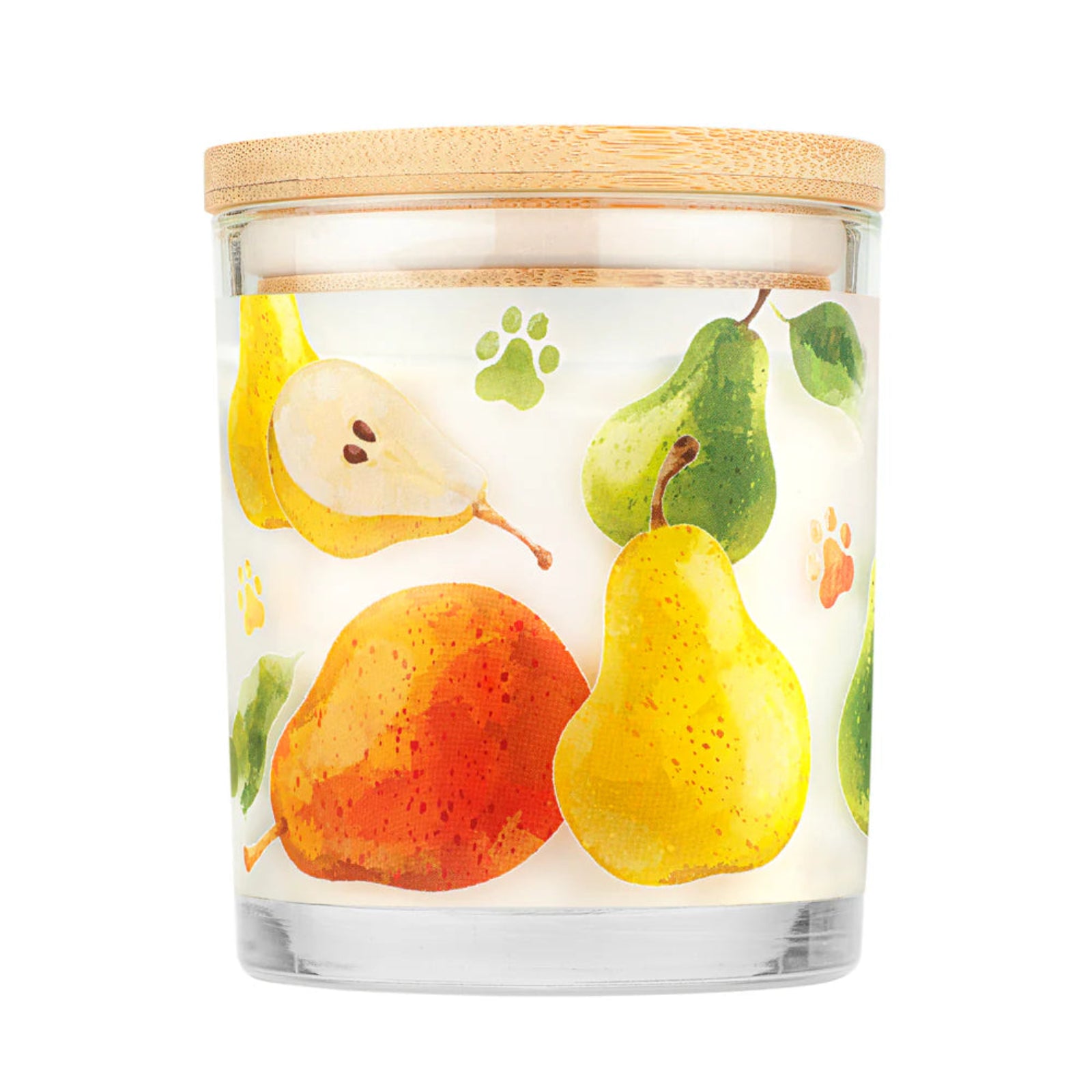 Glass jar with wooden lid featuring illustrations of pears on a white background
