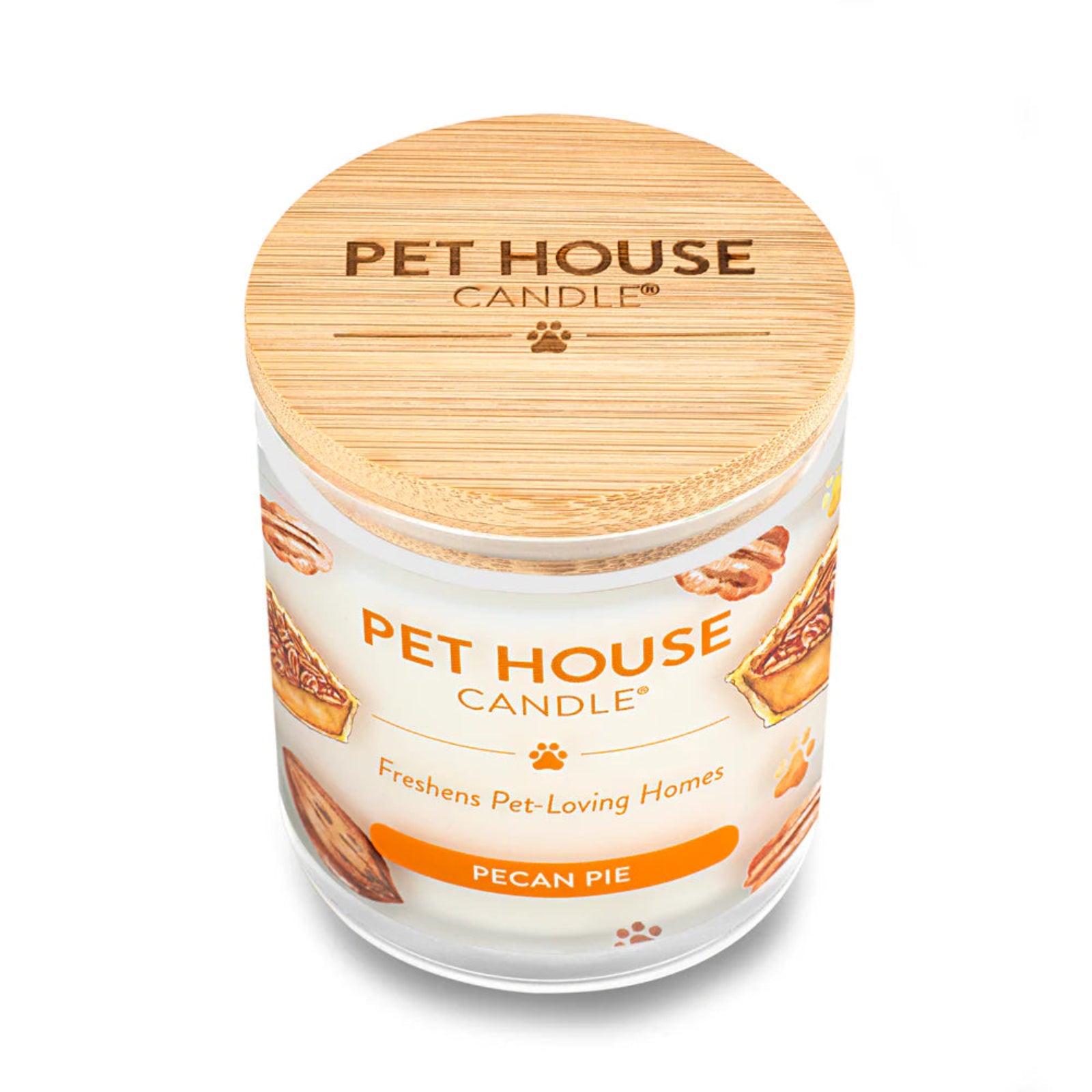 Pet House Candle with pecan pie design on a white background