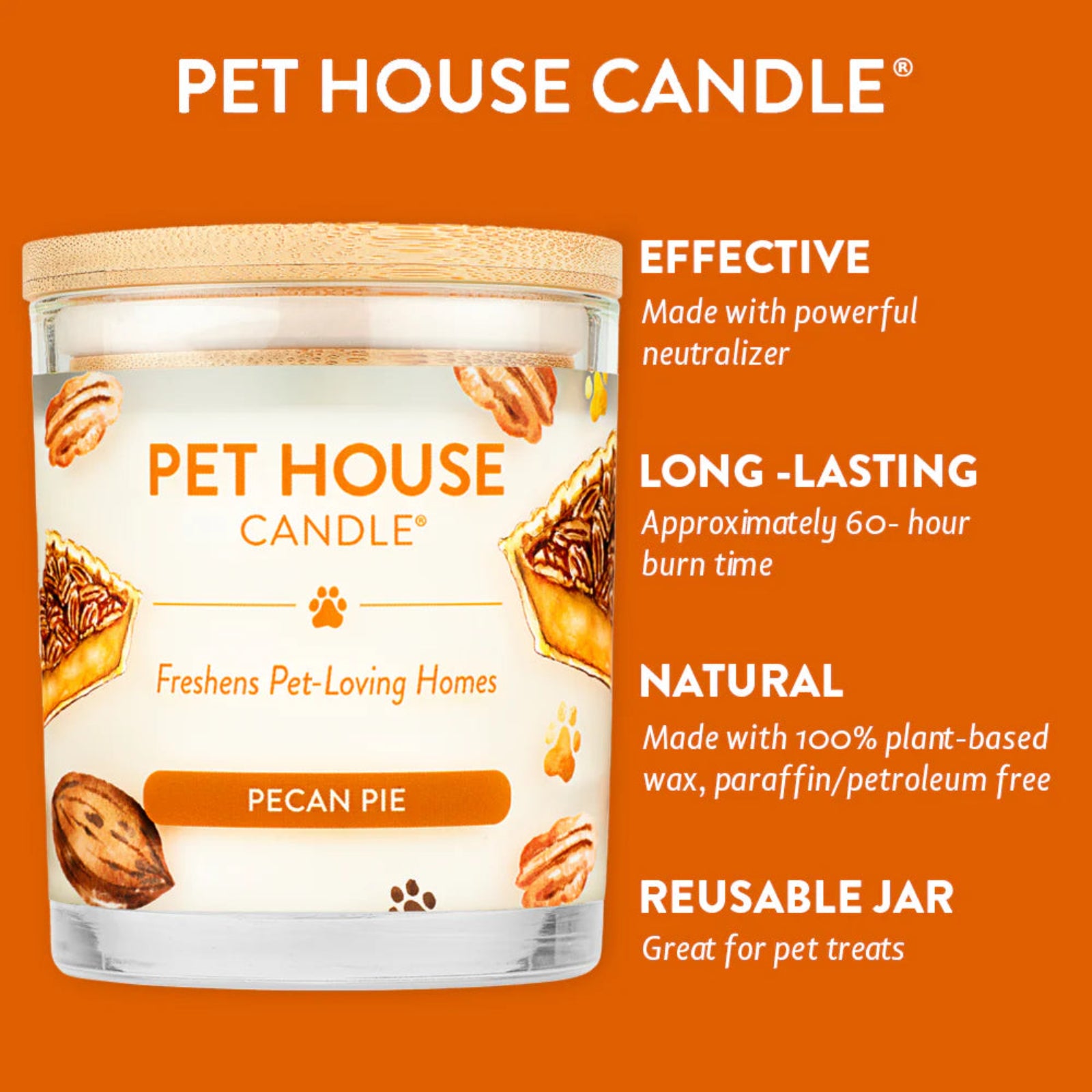 Pet House Candle jar with pecan pie scent on an orange background