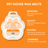 Pet House Wax Melts packaging on an orange background with product features listed.