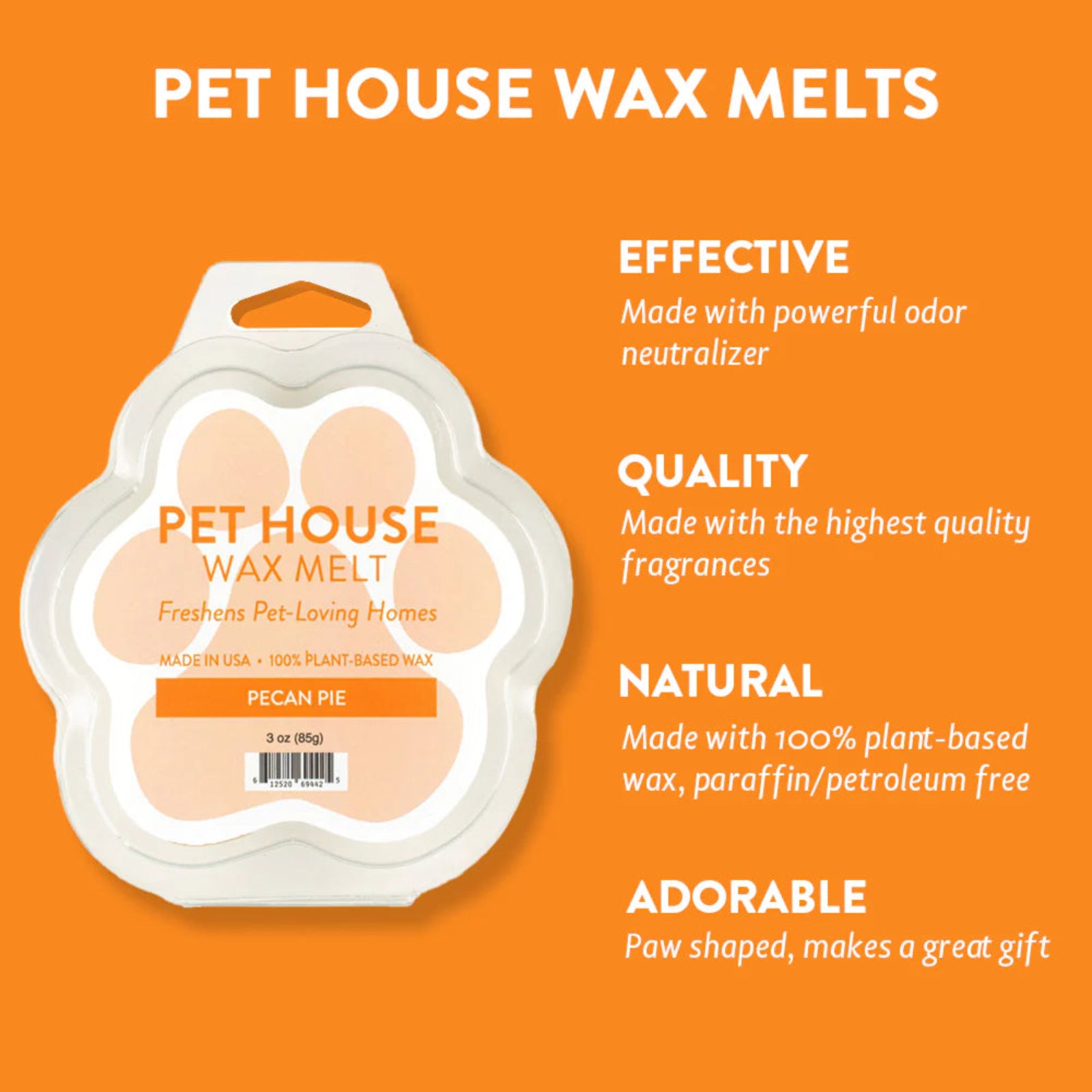 Pet House Wax Melts packaging on an orange background with product features listed.