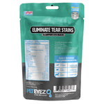 PetEyez vitamin treats packaging for dogs with tear stain elimination and eye health support on a white background.