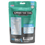 PetEyez vitamin treats packaging for dogs with tear stain elimination and eye health support on a white background.