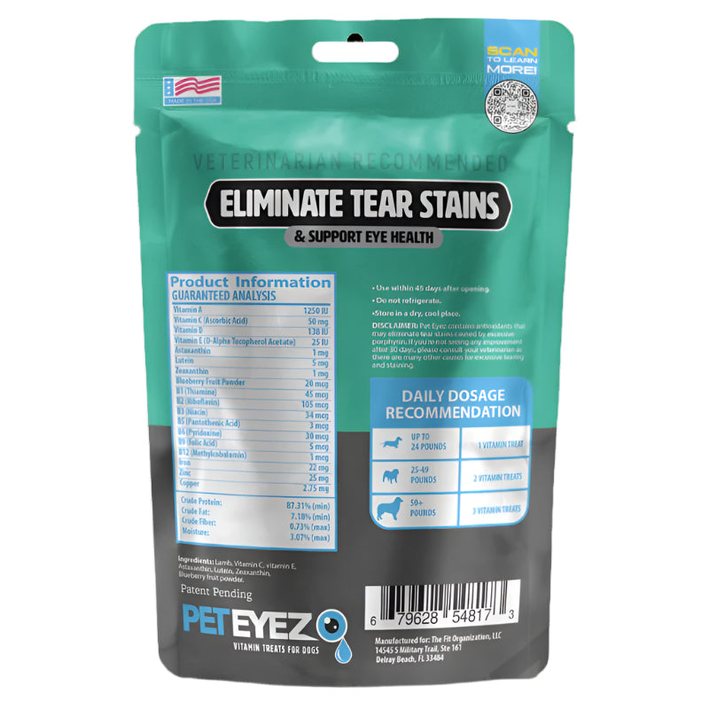 PetEyez vitamin treats packaging for dogs with tear stain elimination and eye health support on a white background.