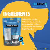 Pet Eye Health product packaging with ingredients list on a blue and yellow background