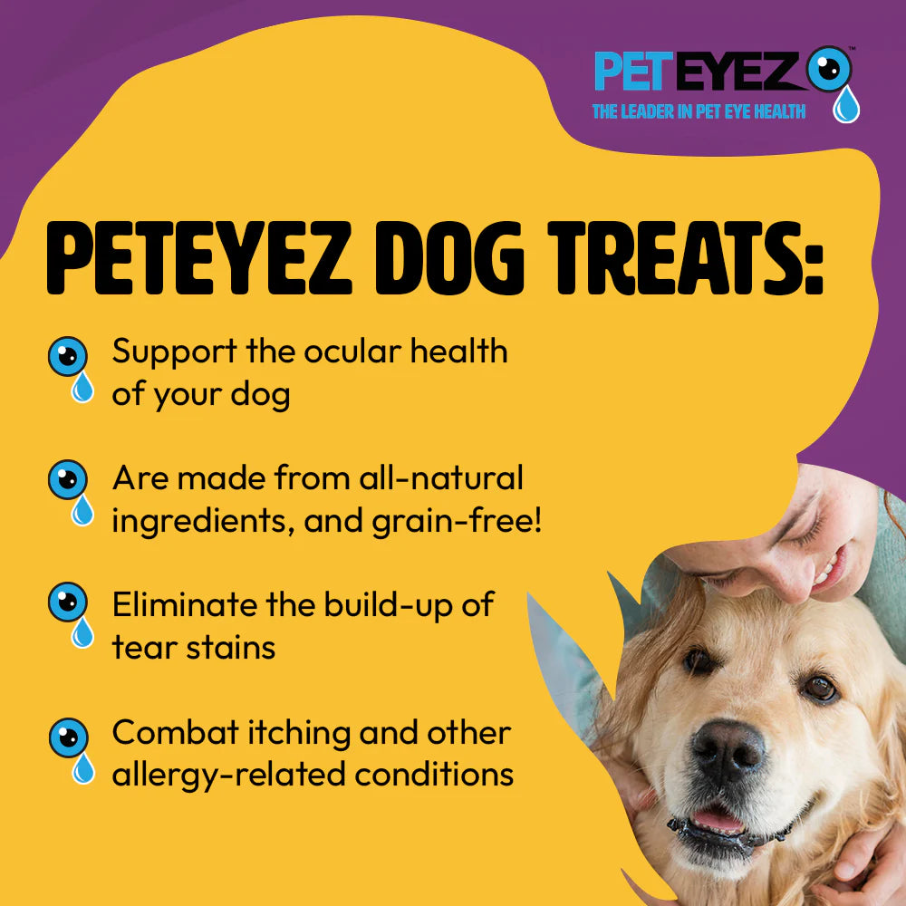 Advertisement for PETEYEZ dog treats with a yellow background and text about the benefits of the treats.
