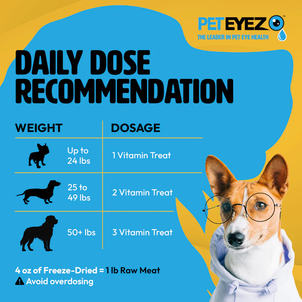 PetEyez daily dose recommendation chart with a dog wearing glasses on a blue and yellow background.