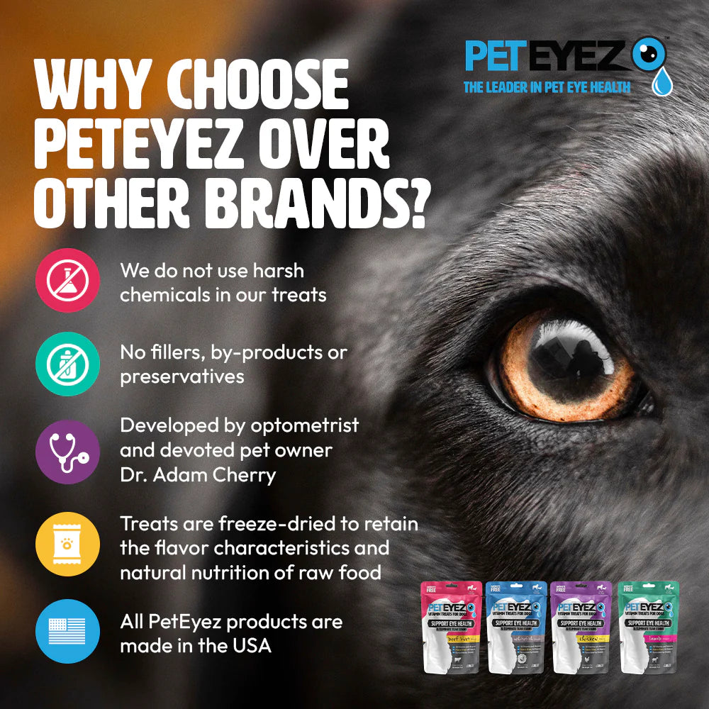 Advertisement for PetEyez pet eye health products with a close-up of a dog's eye and listed benefits.