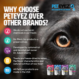 Advertisement for PetEyez pet eye health products with a close-up of a dog's eye and listed benefits.