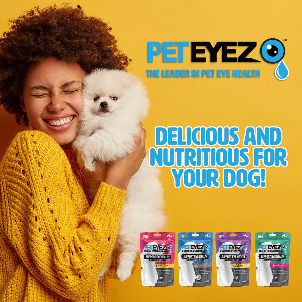 Woman holding a small white dog with PetEyez products displayed on a yellow background