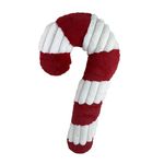 Red and white striped dog toy shaped like a candy cane on a white background