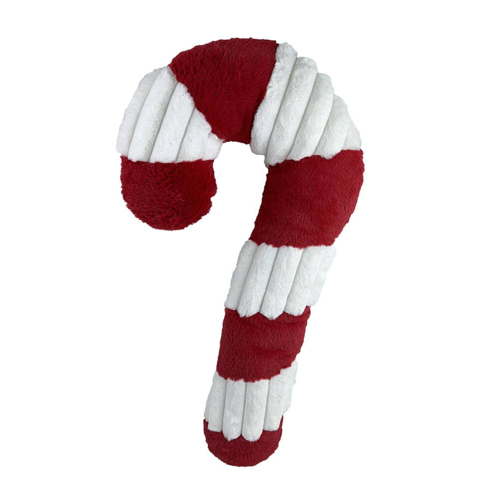 Red and white striped dog toy shaped like a candy cane on a white background