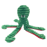 Green plush toy with red accents on a white background