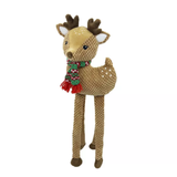 Knitted reindeer toy with a colorful scarf on a white background