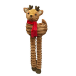 Plush reindeer toy with a red scarf on a white background