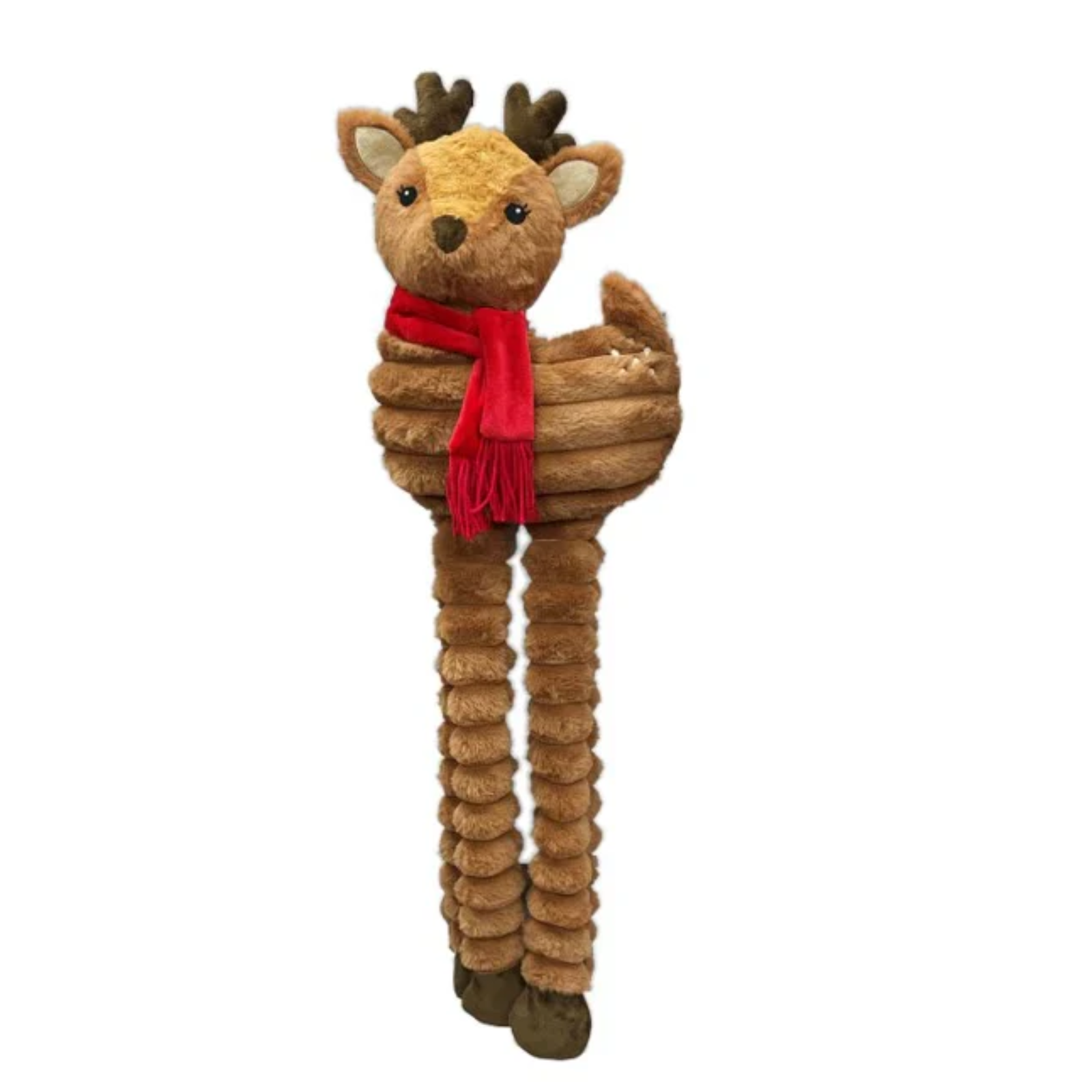 Plush reindeer toy with a red scarf on a white background